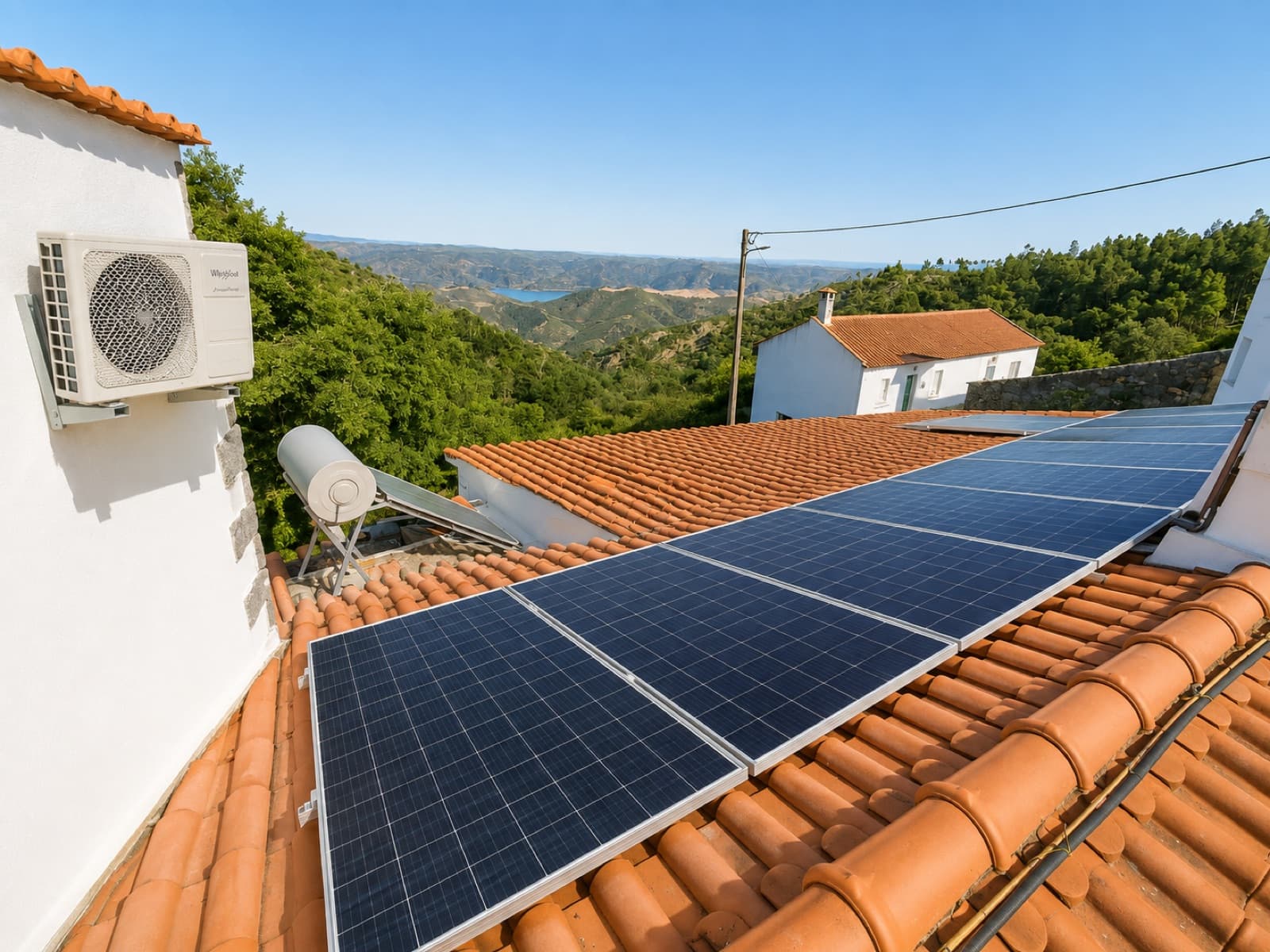 Vista alargada de uma cobertura com painéis solares, painel térmico e ar condicionado, sobre um vale