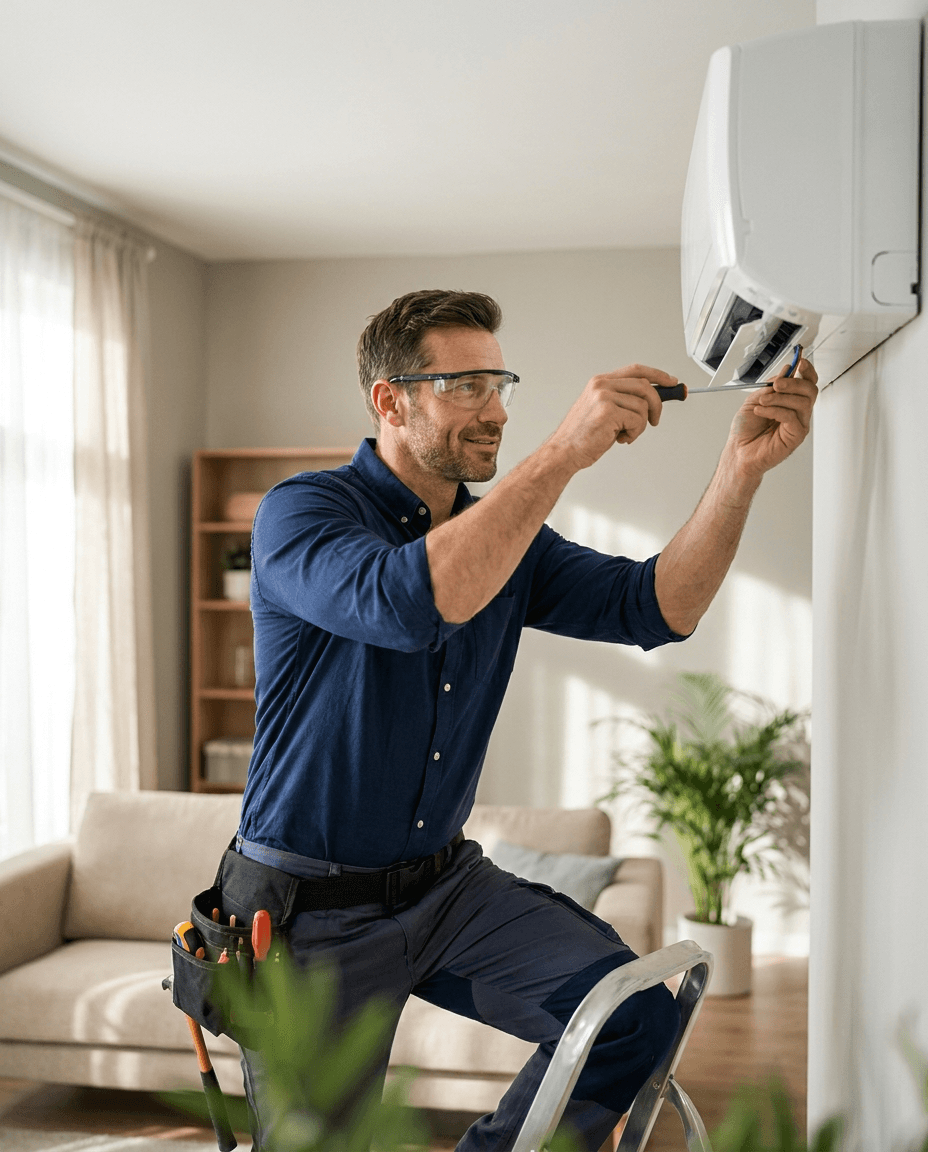 Albuservice technician repairing an air conditioning unit